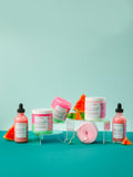 "Water My Melons" Skincare Bundle featuring watermelon-inspired boob butter, body scrub and serum made with natural ingredients. Clean beauty, vegan, cruelty-free skincare set from a female-owned brand designed to hydrate, nourish, brighten and leave skin feeling soft and refreshed.