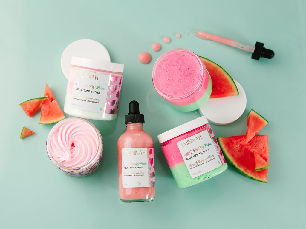 "Water My Melons" skincare bundle featuring watermelon-inspired boob butter, body scrub, and serum made with natural ingredients. Clean beauty, vegan, cruelty-free skincare set from a female-owned brand that hydrates, nourishes, brightens, firms, and leaves skin feeling soft, smooth, and refreshed.