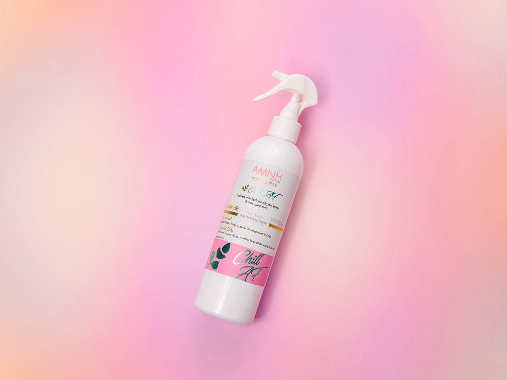 Chill AF Room Spray bottle with natural alcohol-free room fragrance on a soft pink gradient background by a female-owned clean beauty brand.