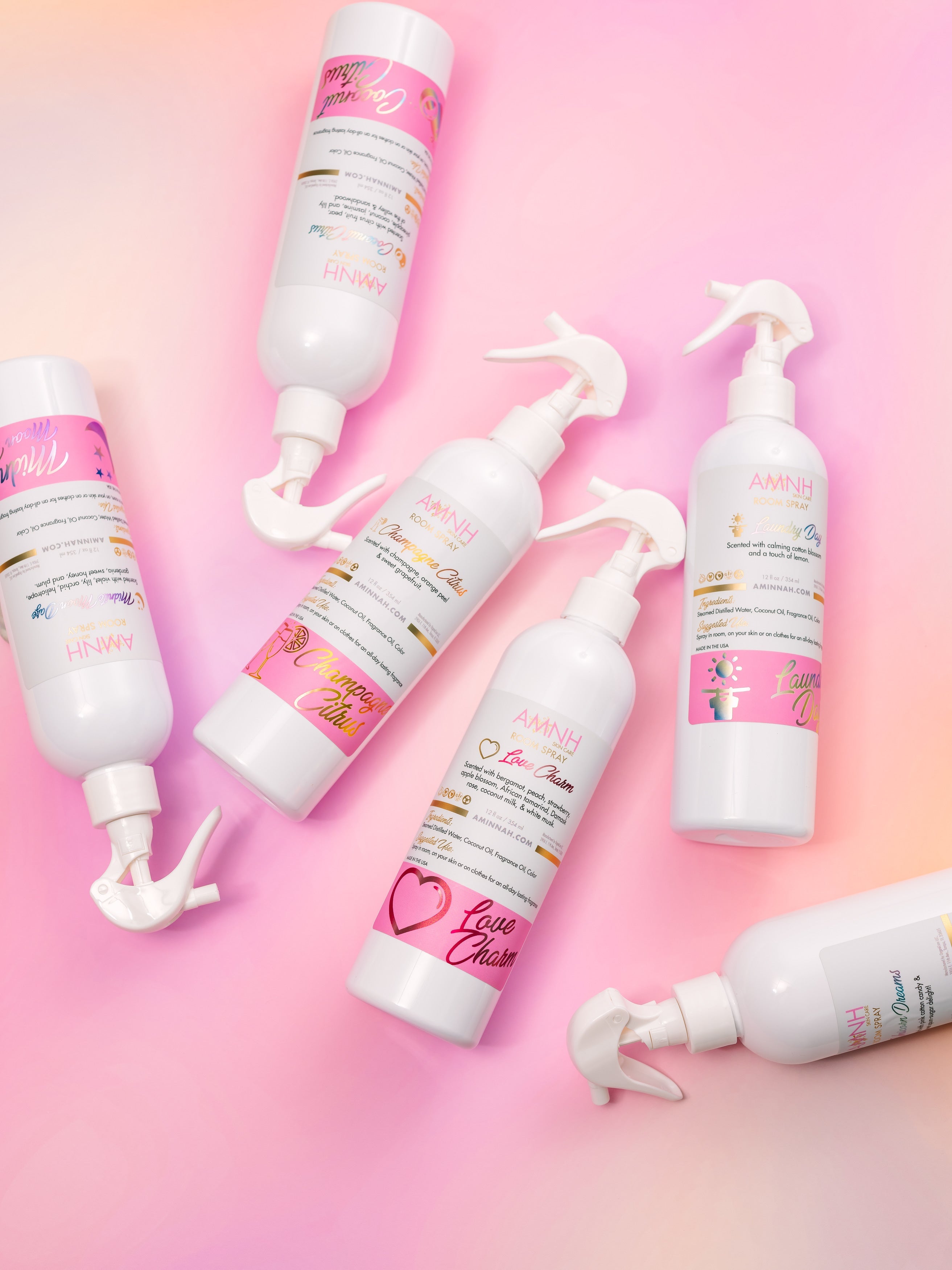 Laundry Day Room Spray by AMINNAH Clean Beauty in recyclable spray bottle, naturally inspired room and linen spray made with natural ingredients, alcohol-free formula, vegan, cruelty-free, paraben-free, gluten-free, clean beauty from a female-owned brand for a fresh, clean-smelling home.