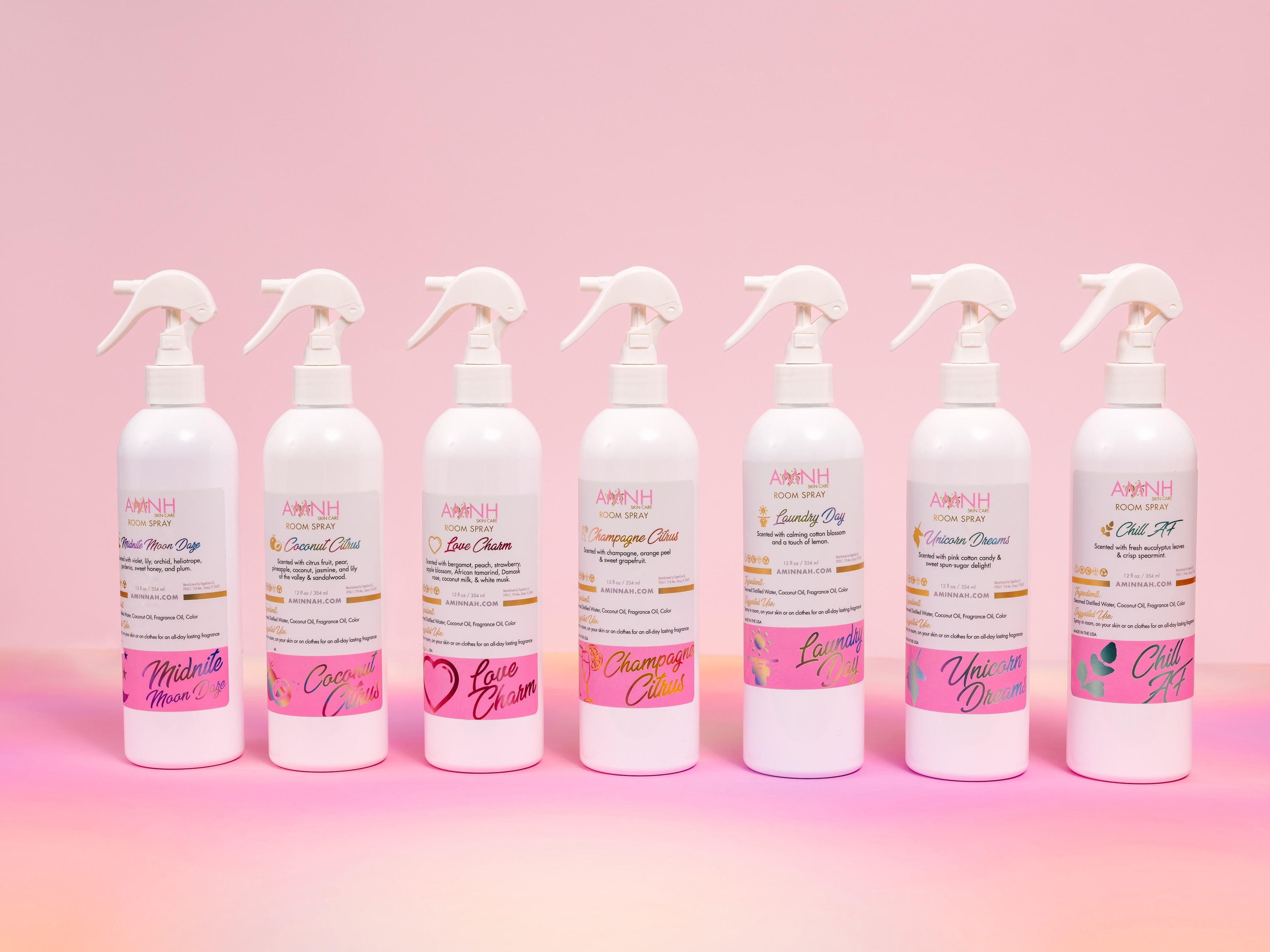 Laundry Day Room Spray collection by AMINNAH Clean Beauty featuring alcohol-free room and linen sprays in recyclable packaging. Made with natural ingredients for a fresh, clean home. Clean beauty, vegan, cruelty-free, paraben-free, gluten-free, and crafted by a female-owned brand for long-lasting home fragrance.