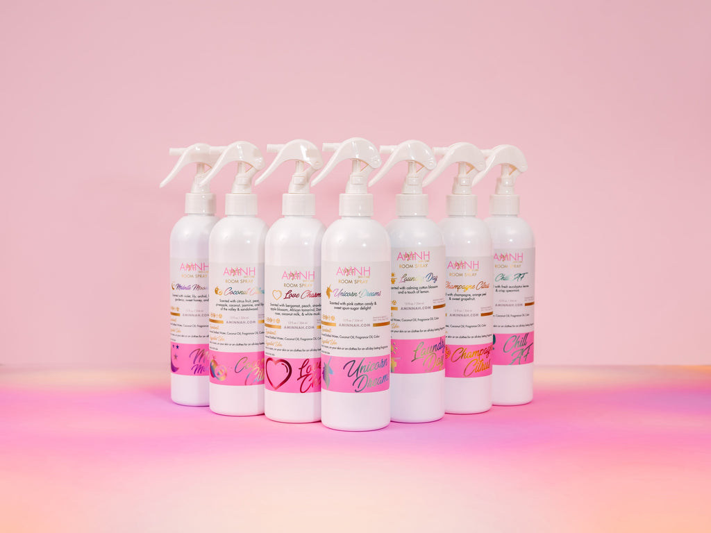 Laundry Day Room Spray by AMINNAH Clean Beauty featuring recyclable packaging and a naturally inspired alcohol-free room and linen spray made with natural ingredients. Clean beauty, vegan, cruelty-free, paraben-free, gluten-free, and created by a female-owned brand to leave your home smelling fresh and clean.