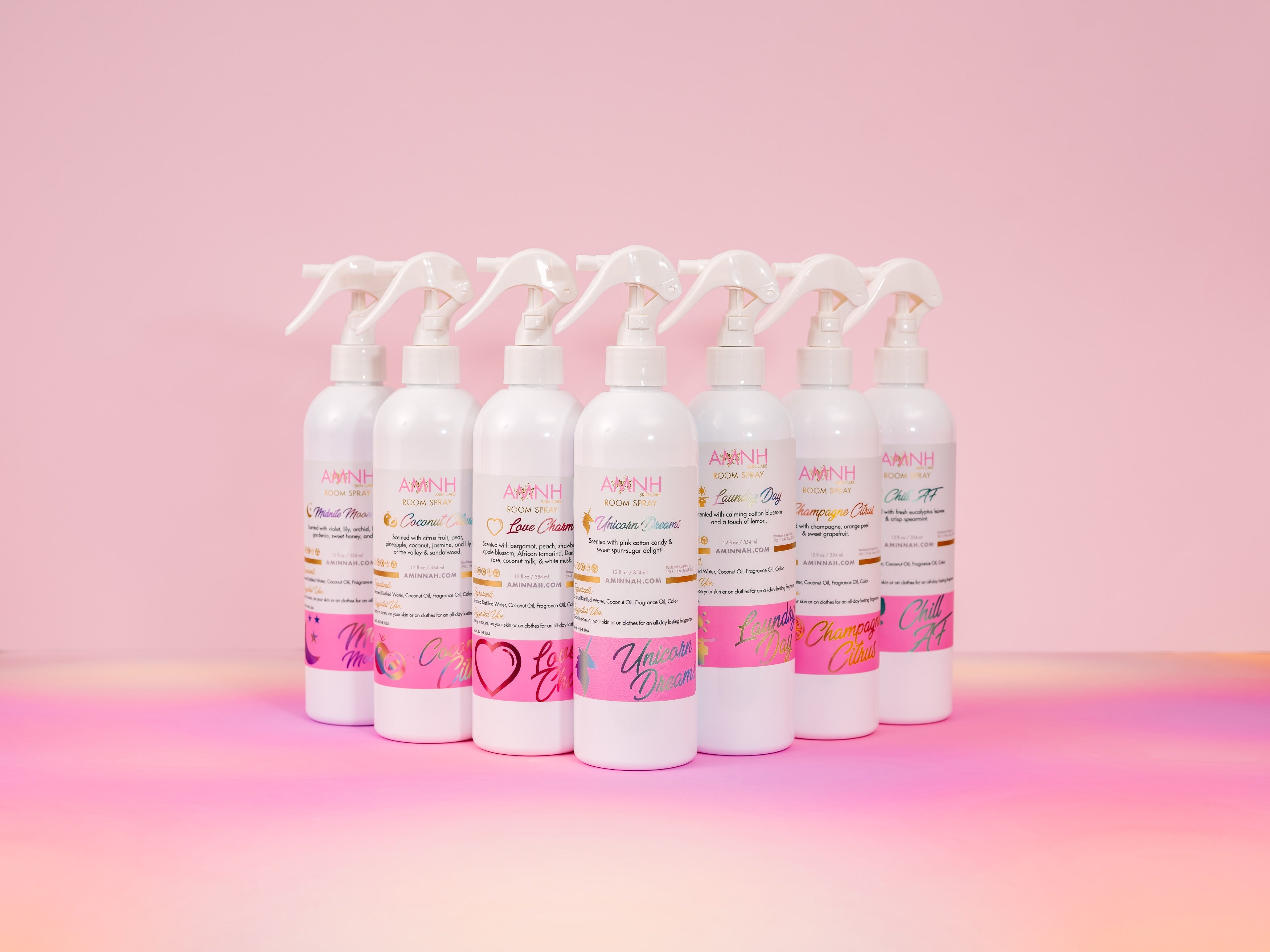 Laundry Day Room Spray by AMINNAH Clean Beauty featuring recyclable packaging and a naturally inspired alcohol-free room and linen spray made with natural ingredients. Clean beauty, vegan, cruelty-free, paraben-free, gluten-free, and created by a female-owned brand to leave your home smelling fresh and clean.