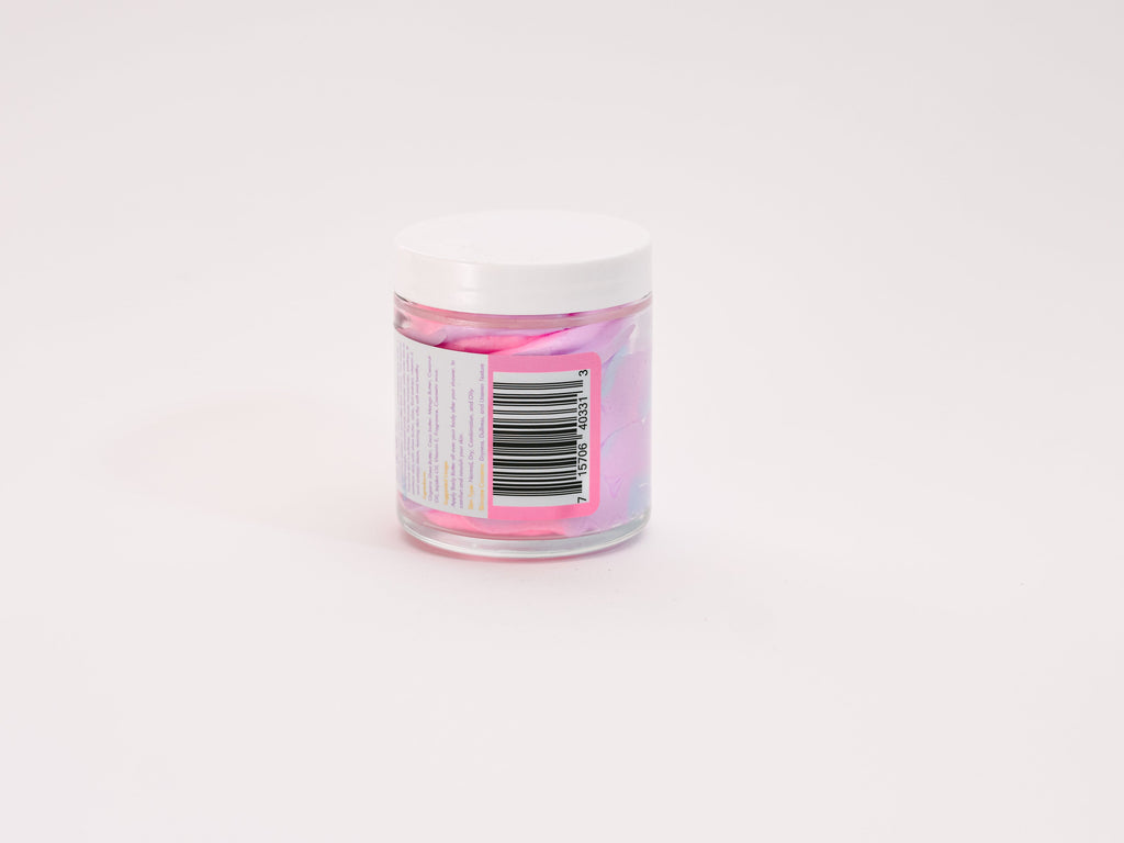"Mermaid Kisses" Whipped Body Butter in a glass jar shown from the back on a clean white background, featuring luxurious whipped body butter made with natural ingredients. Clean beauty, cruelty-free, vegan, paraben-free, and gluten-free skincare from a female-owned brand with recyclable packaging, designed to deeply nourish, soften, and moisturize dry skin.