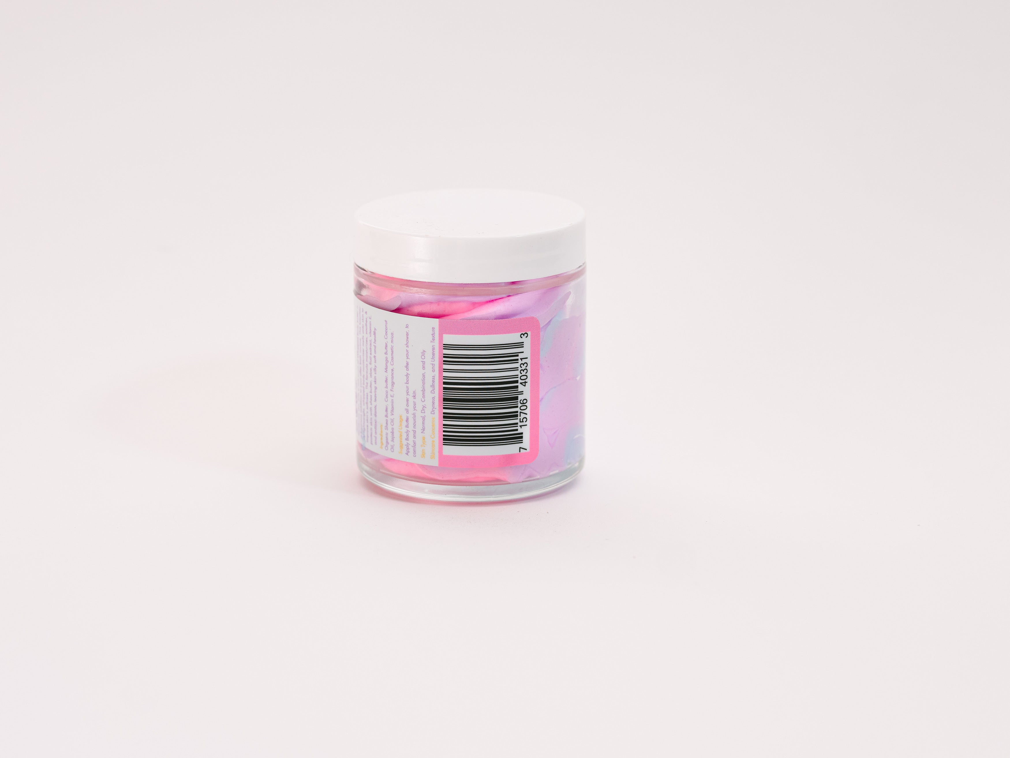 "Mermaid Kisses" Whipped Body Butter in a glass jar shown from the back on a clean white background, featuring luxurious whipped body butter made with natural ingredients. Clean beauty, cruelty-free, vegan, paraben-free, and gluten-free skincare from a female-owned brand with recyclable packaging, designed to deeply nourish, soften, and moisturize dry skin.