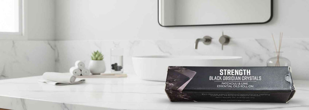 Strength Energy Stone Roll On Body Oil displayed in a decorative box with raw black tourmaline crystals, sitting on a modern bathroom vanity with a mirror and sink in the background.