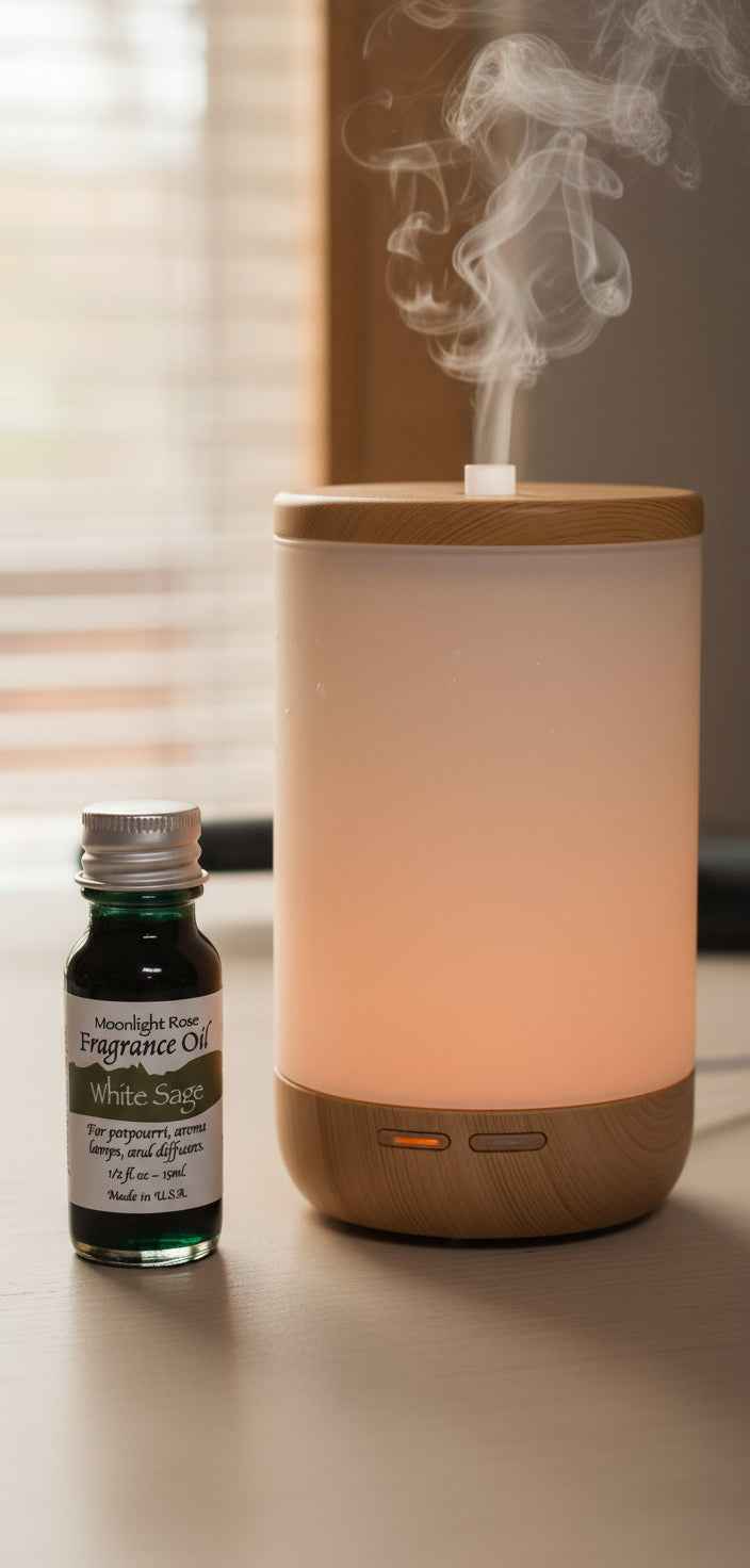 Aromatherapy diffuser with a bottle of essential oil on a surface.
