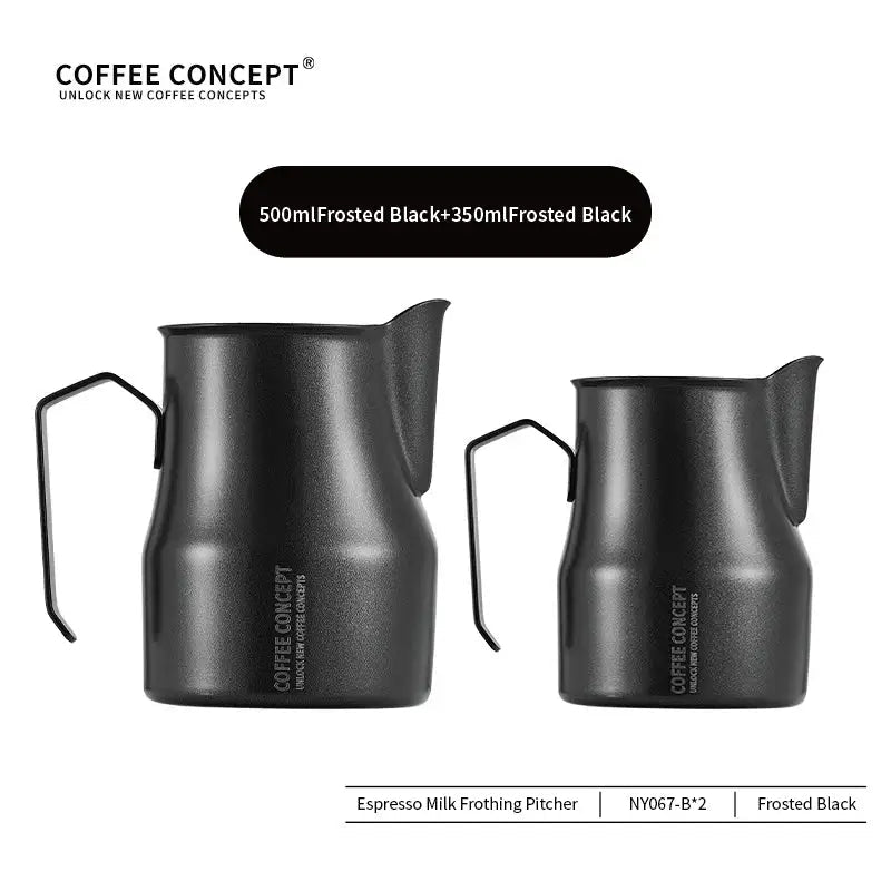 Two frosted black espresso milk frothing pitchers with 'Coffee Concept' branding on a white background.