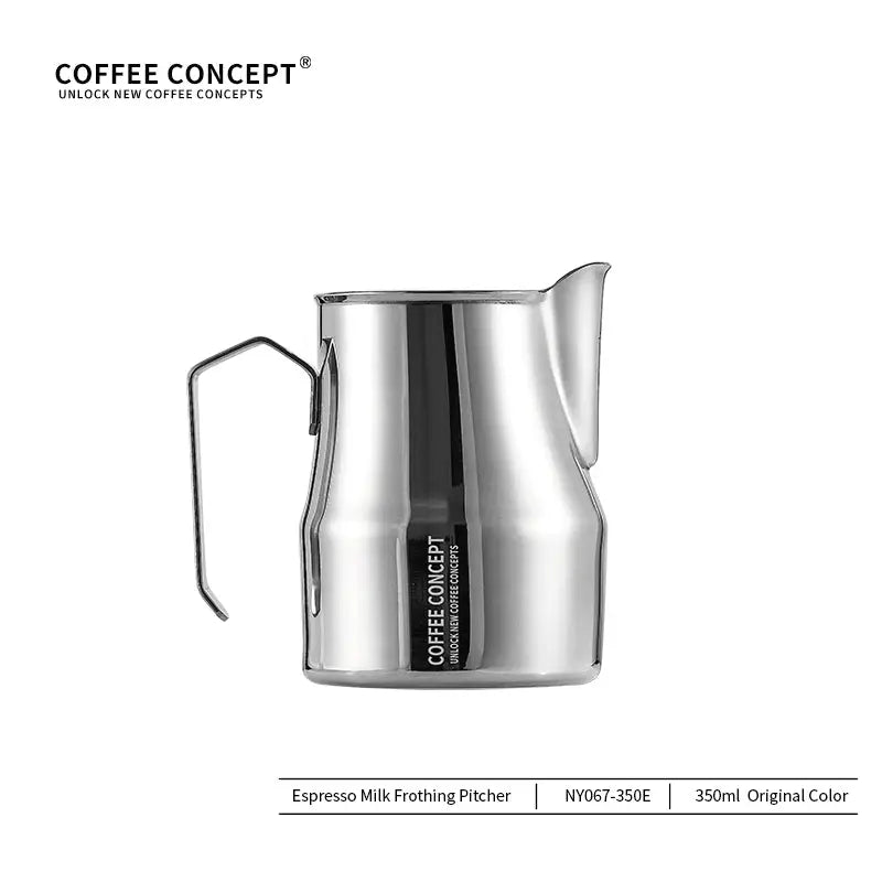 Stainless steel espresso milk frothing pitcher with 'Coffee Concept' branding on a white background.