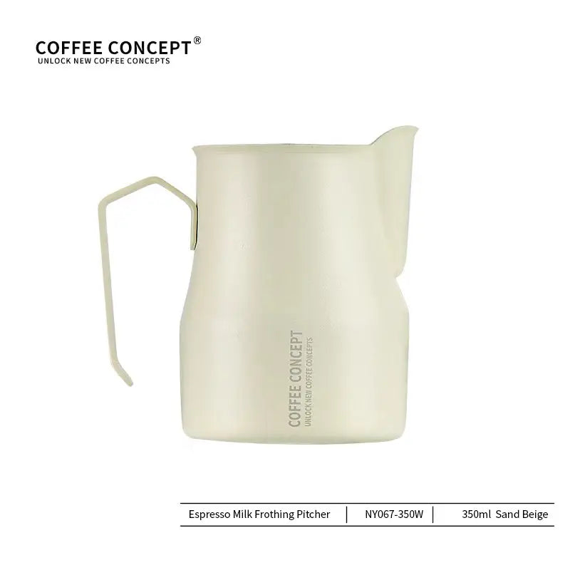 Cream-colored milk frothing pitcher with 'Coffee Concept' branding on a white background
