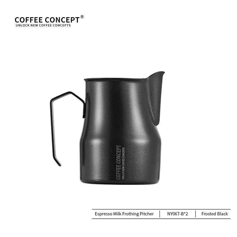 Black espresso milk frothing pitcher with 'Coffee Concept' branding on a white background