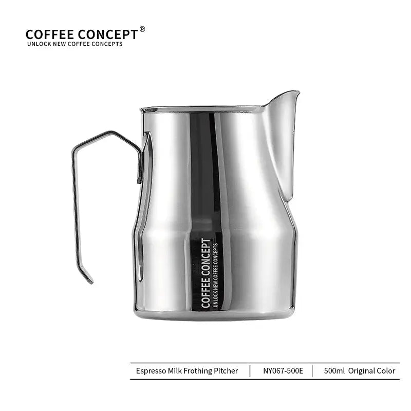 A 500ml stainless steel espresso milk frother pitcher with a curved handle and spout, branded with 'COFFEE CONCEPT'. The image features a clean white background with product text overlays at the top and bottom.