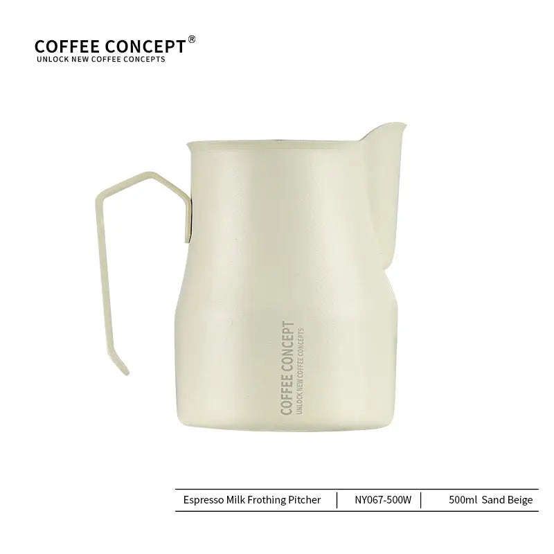 Cream-colored espresso milk frothing pitcher with 'Coffee Concept' branding on a white background.