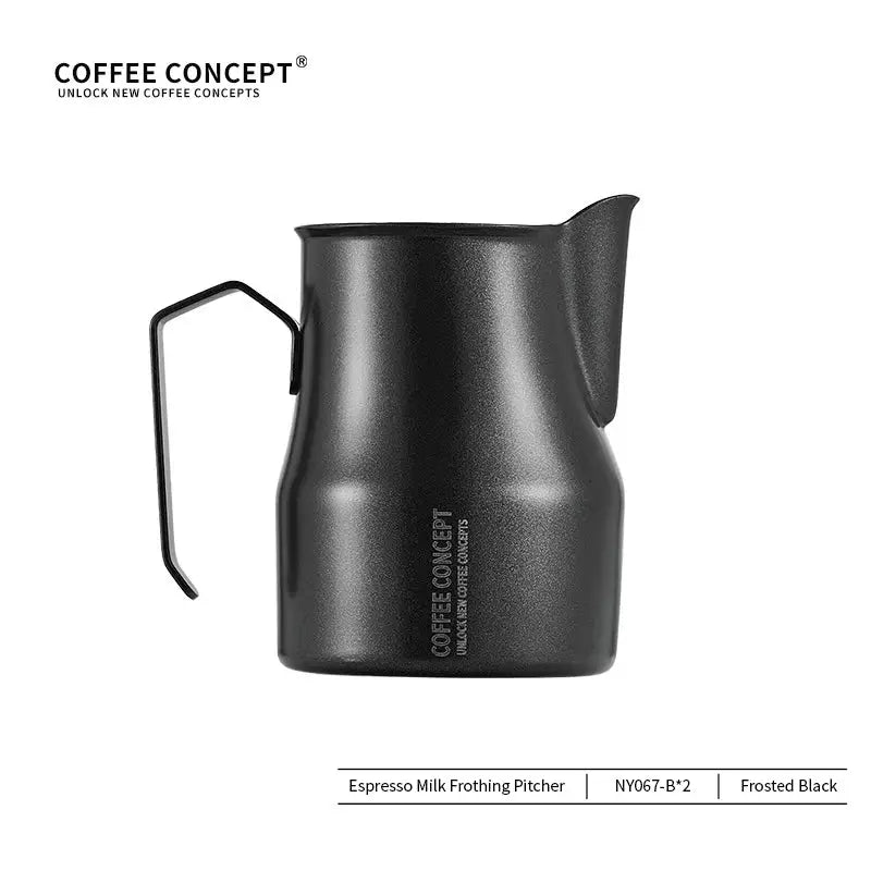 Black espresso milk frothing pitcher with 'Coffee Concept' branding on a white background