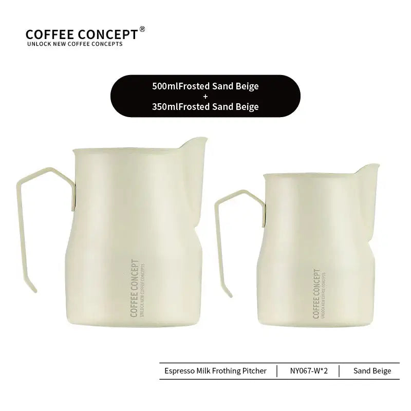 Two frosted sand beige espresso milk frothing pitchers with 'Coffee Concept' branding on a white background.