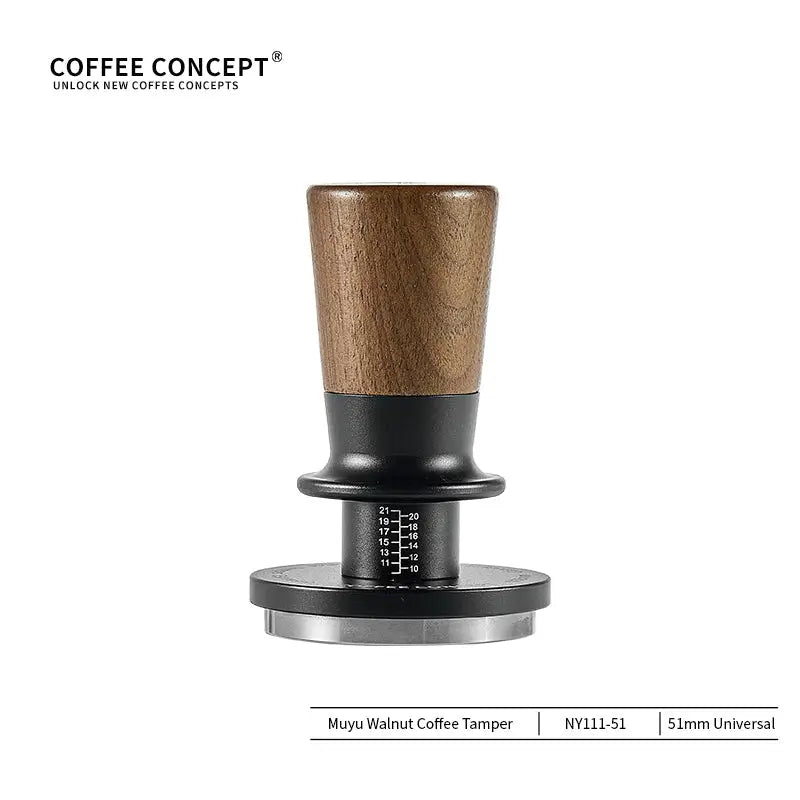 Muyu Constant Force 51mm espresso tamper with walnut wood handle, spring-loaded self-leveling design and stainless steel base for consistent coffee tamping.