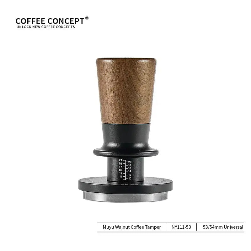 COFFEECONCEPT Muyu constant force spring espresso tamper with walnut wood handle, self-leveling stainless steel base, and adjustable 53/54mm universal design.