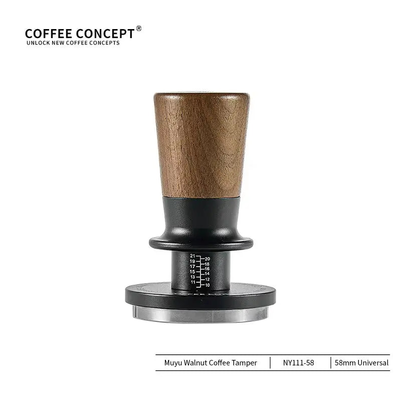 Muyu 58mm constant force spring espresso tamper with walnut wood handle, self-leveling stainless steel base and adjustable pressure scale for consistent coffee tamping.