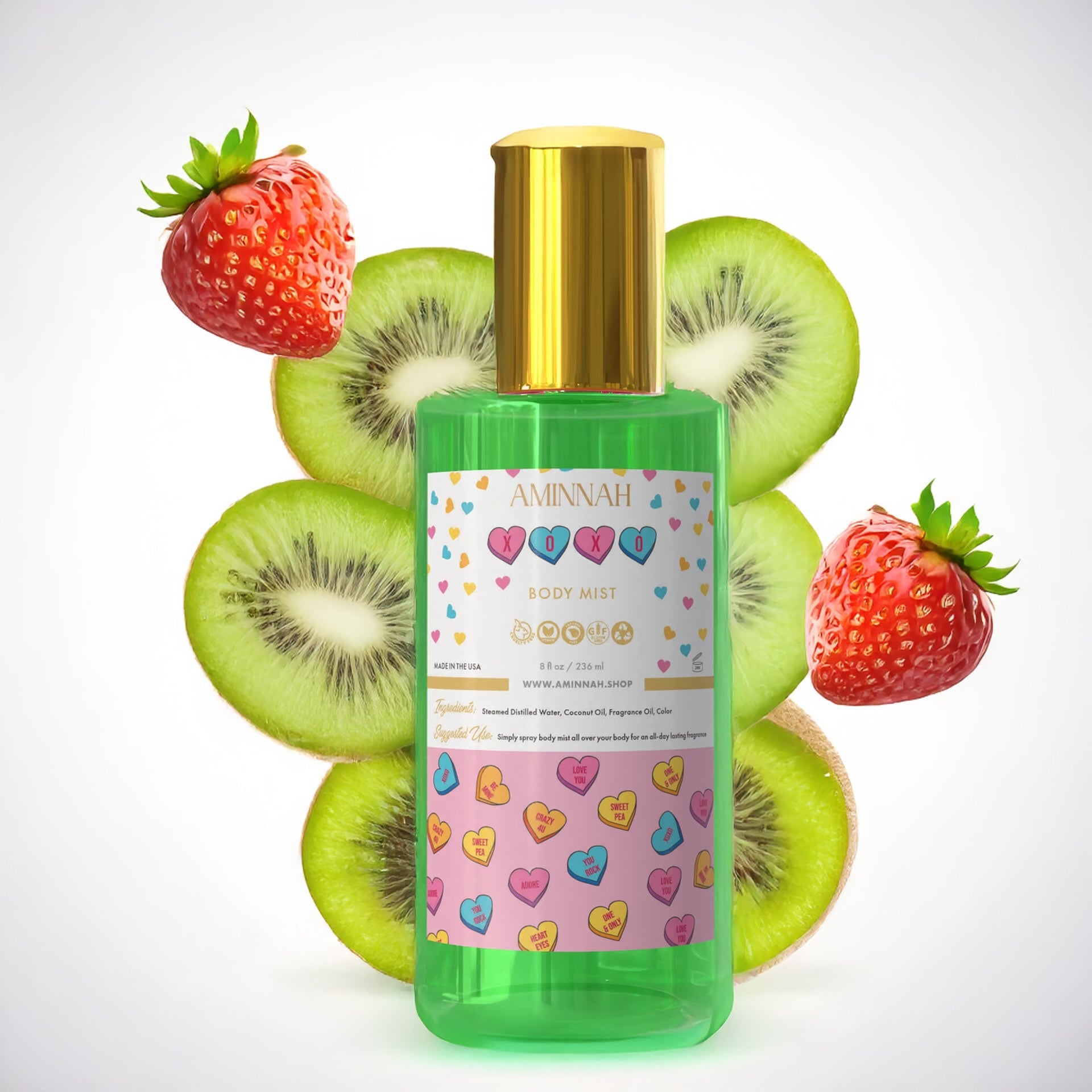 AMINNAH Body Mists fragrance collection featuring Unicorn Dreams, Mermaid Kisses, XOXO, and Sprinkle Donut. Lightweight fruity body sprays for everyday fragrance layering from a female-owned clean beauty brand.