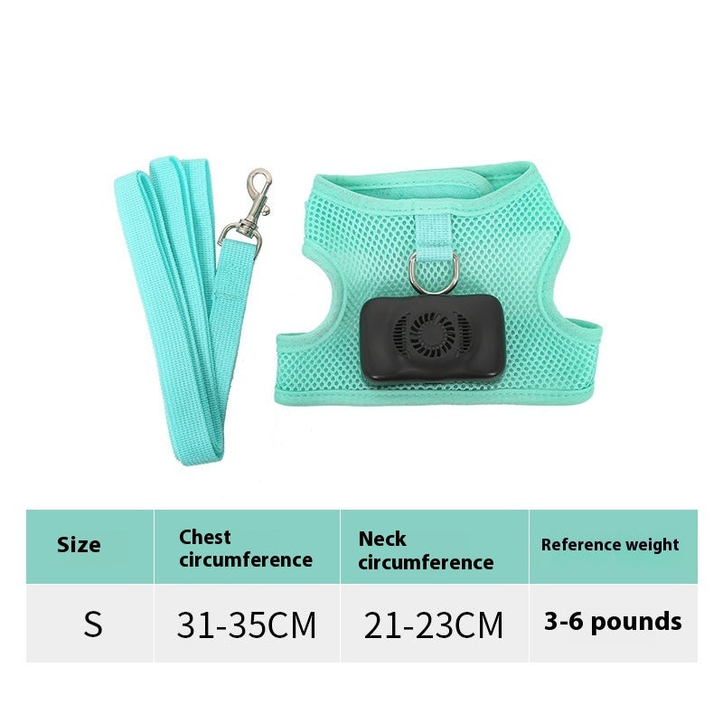 Mint green cooling dog harness and leash set with breathable mesh, built-in pet air conditioner cooling fan and D-ring. Size S fits 31–35 cm chest, 21–23 cm neck, 3–6 lb dogs. Comfortable pet harness leash.