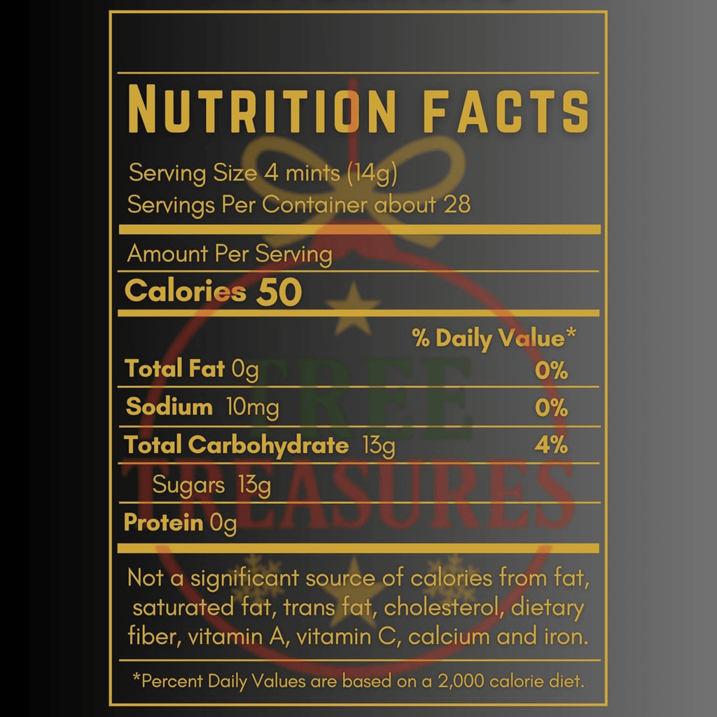 Nutrition Facts label for black and gold buttermints showing serving size, calories, carbohydrates, sugars, sodium, and daily values for individually wrapped butter mint candy.