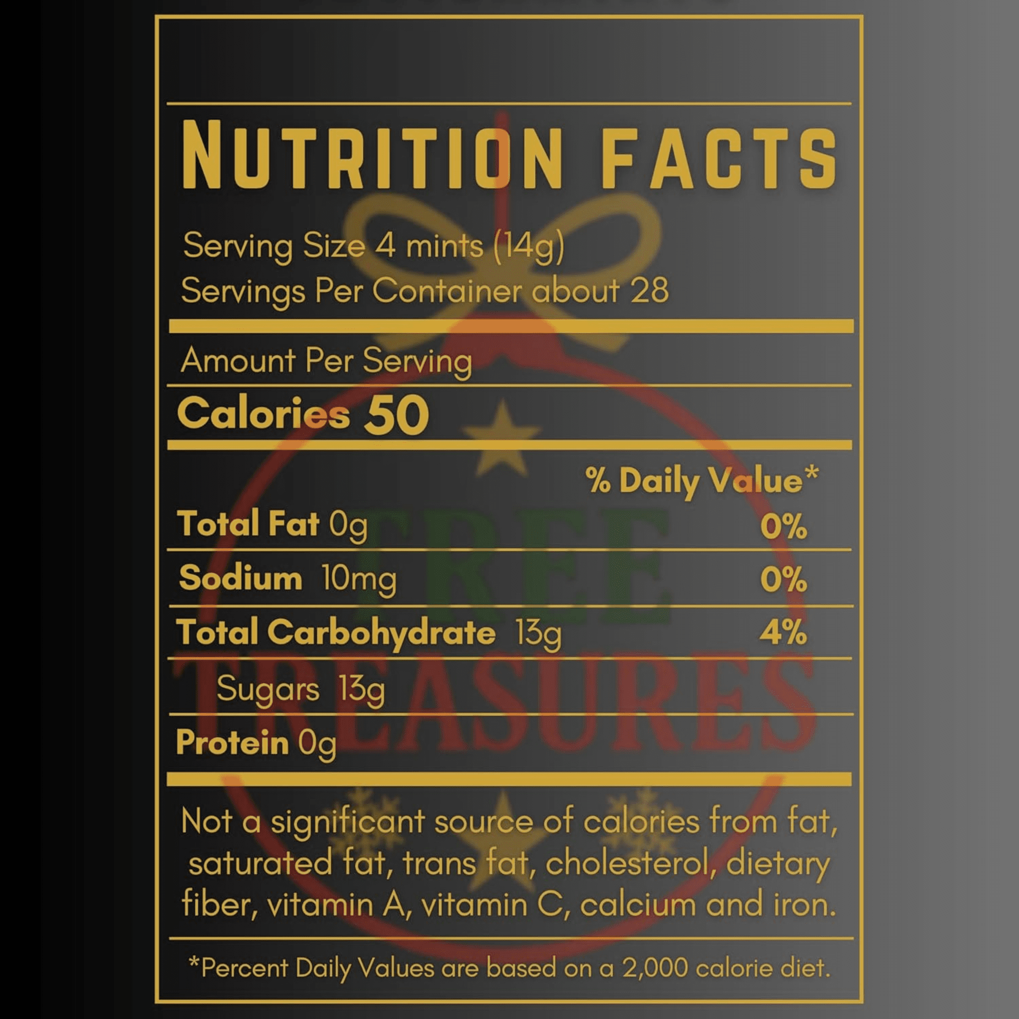 Nutrition Facts label for black and gold buttermints showing serving size, calories, carbohydrates, sugars, sodium, and daily values for individually wrapped butter mint candy.