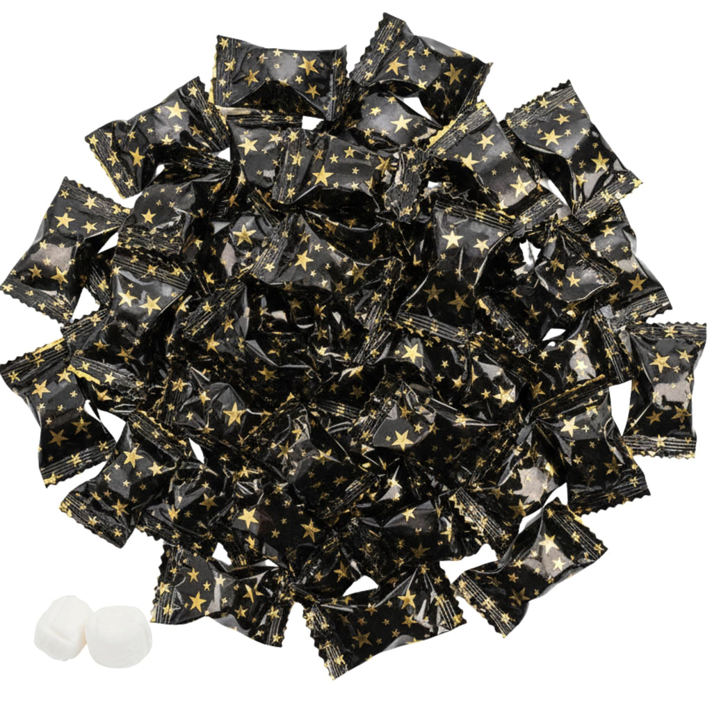 Black and gold individually wrapped butter mints with gold star wrappers and two unwrapped creamy white mints, perfect for weddings, graduations, anniversaries, retirement parties, candy buffets, and elegant celebrations.