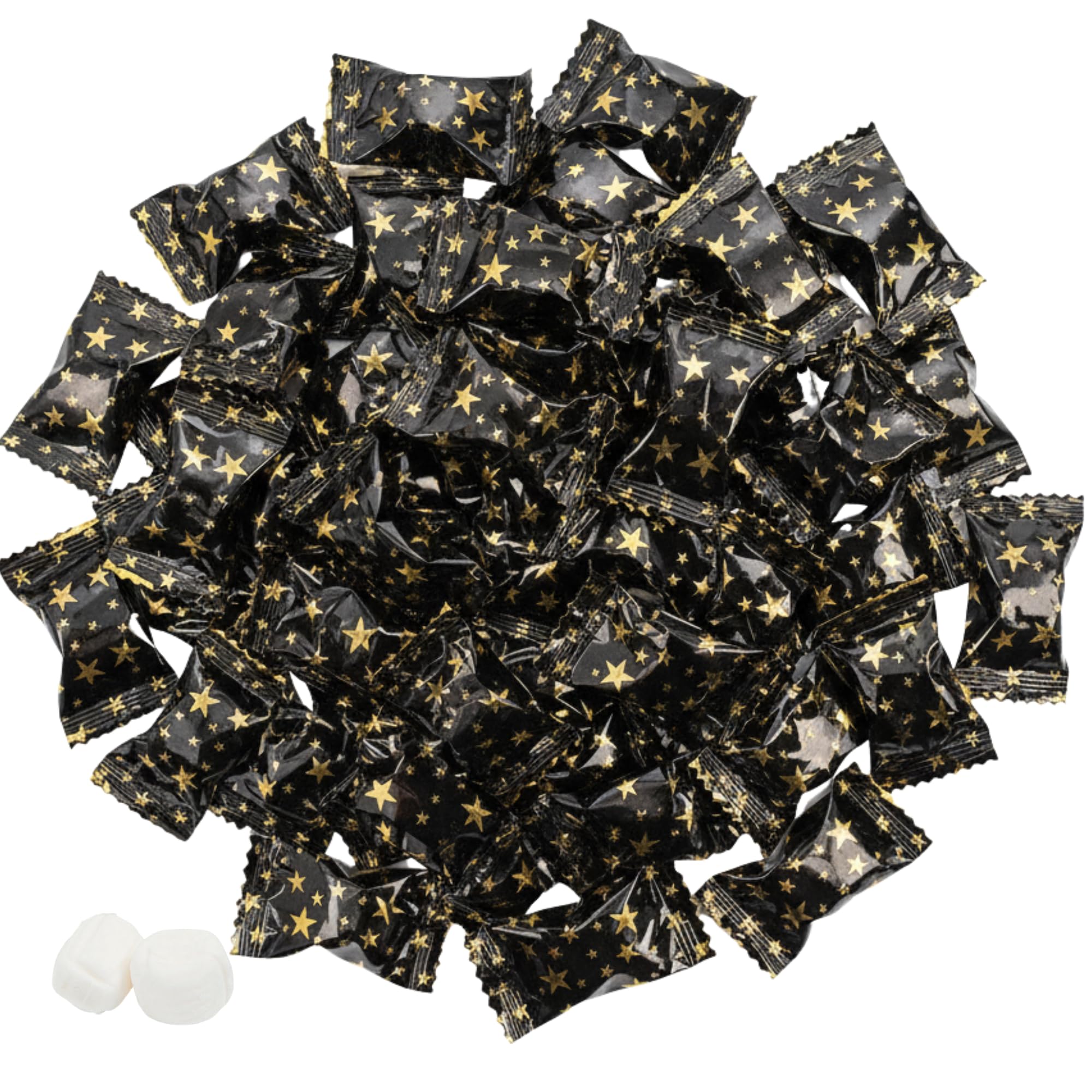 Black and gold individually wrapped butter mints with gold star wrappers and two unwrapped creamy white mints, perfect for weddings, graduations, anniversaries, retirement parties, candy buffets, and elegant celebrations.