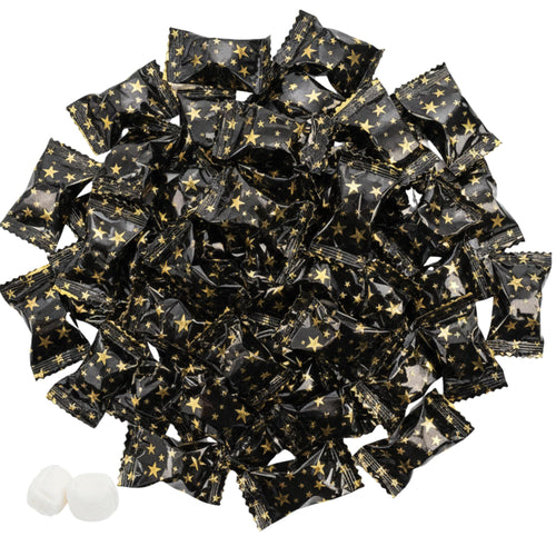 Black and gold individually wrapped butter mints with gold star wrappers and two unwrapped creamy white mints, perfect for weddings, graduations, anniversaries, retirement parties, candy buffets, and elegant celebrations.