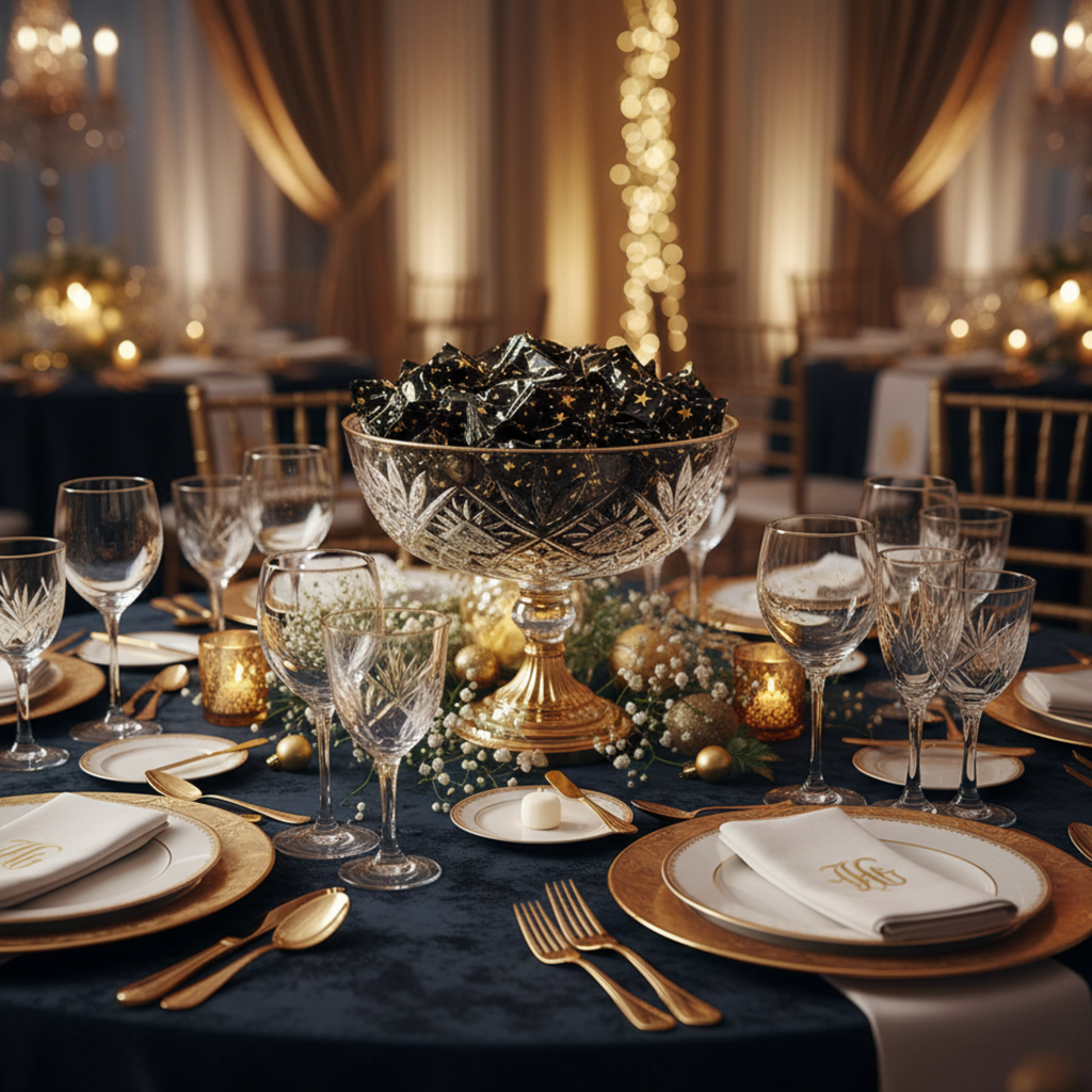 Elegant black and gold individually wrapped butter mints displayed in a crystal pedestal bowl on a beautifully decorated formal event table with gold place settings, perfect for weddings, anniversaries, graduations, retirement parties, proms, and candy buffets.