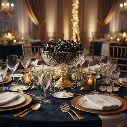 Elegant black and gold individually wrapped butter mints displayed in a crystal pedestal bowl on a beautifully decorated formal event table with gold place settings, perfect for weddings, anniversaries, graduations, retirement parties, proms, and candy buffets.