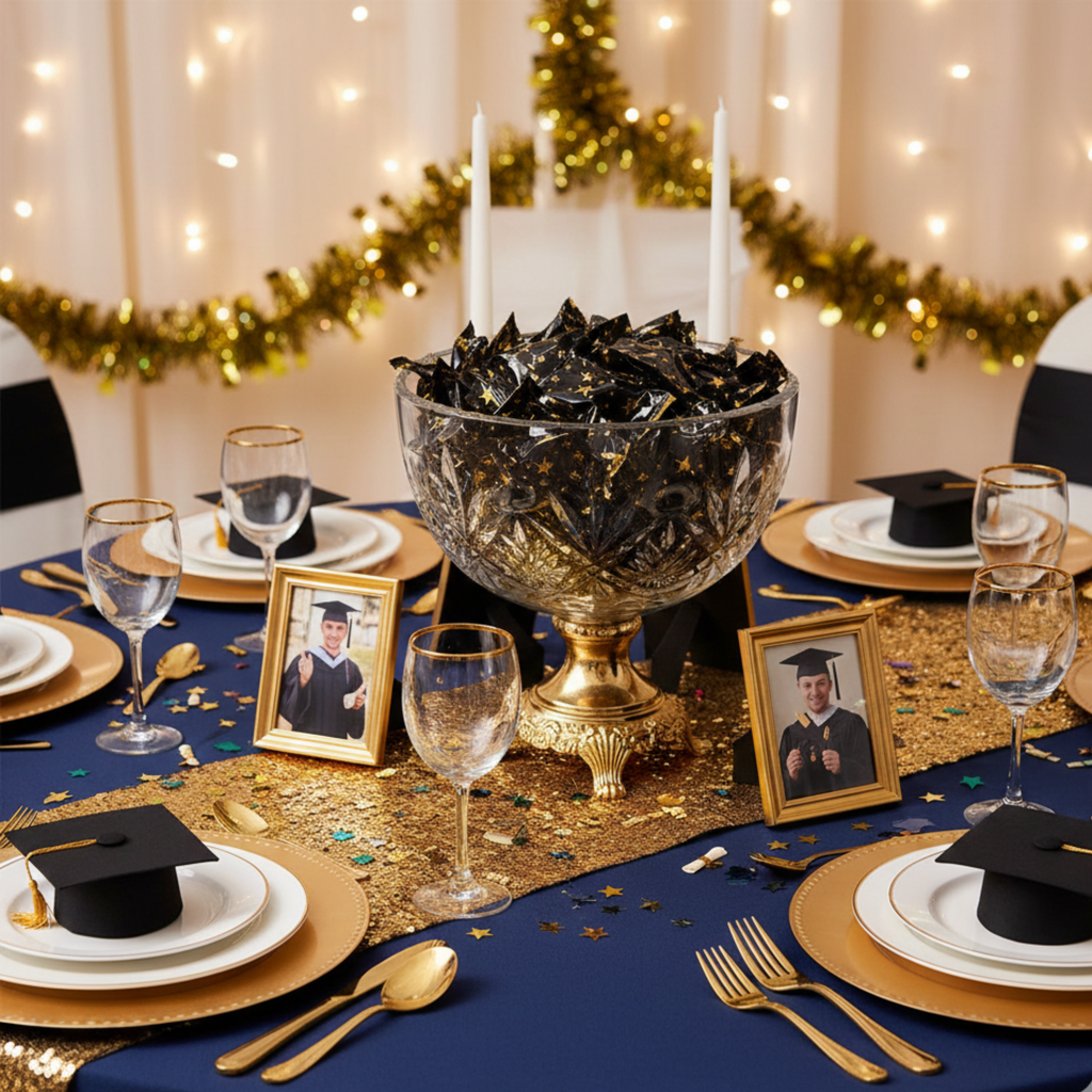 Black and gold individually wrapped butter mints displayed in a crystal pedestal bowl on an elegant graduation party table with gold accents, graduation caps, and framed photos.