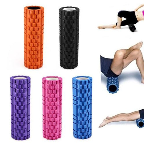 Collection of foam rollers in various colors with people using them for exercise.