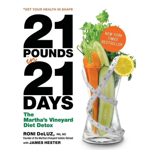 Book cover of '21 Pounds in 21 Days' with vegetables and a measuring tape. 21 Pounds in 21 Days Paperback Book | Weight Loss Guide, Healthy Eating & Lifestyle Transformation