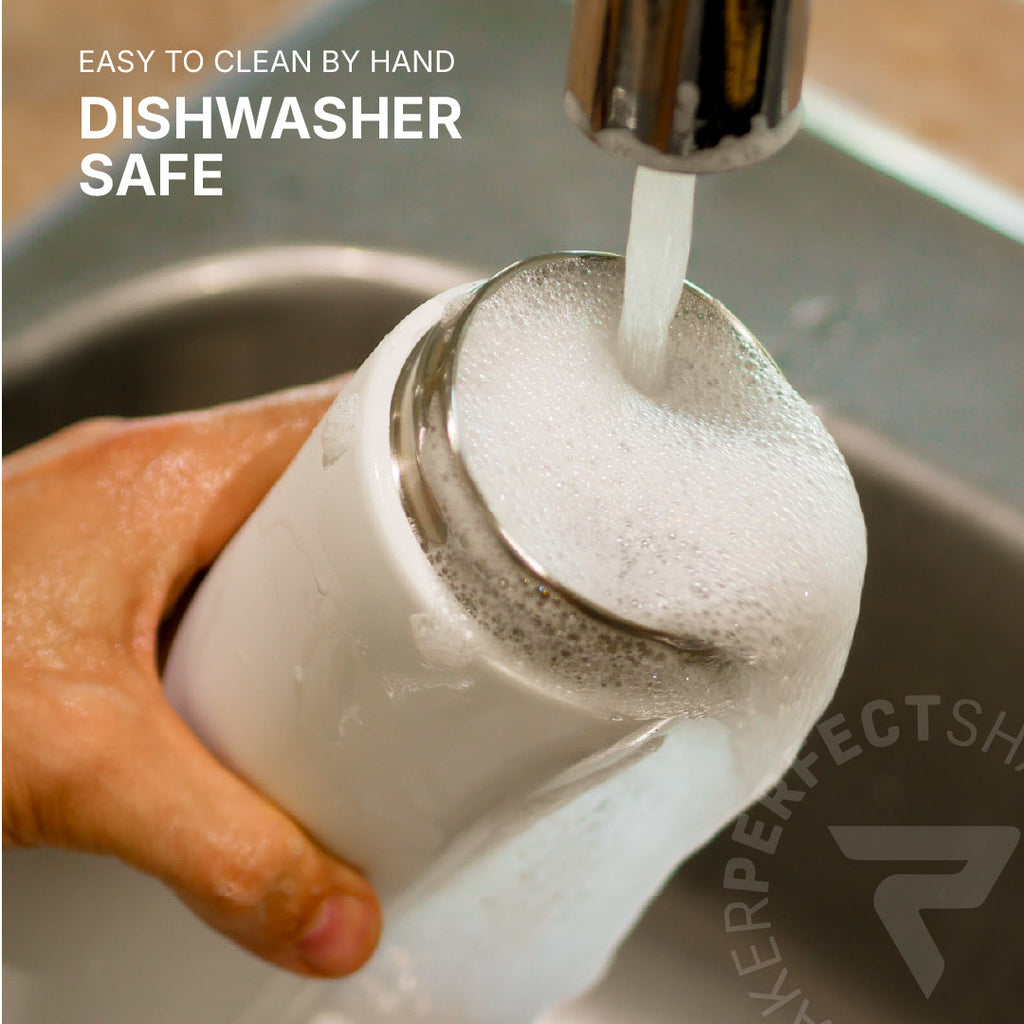 A hand holds a white cylindrical container under running water in a sink, with foam filling the opening. Text on the image reads 'EASY TO CLEAN BY HAND DISHWASHER SAFE'.