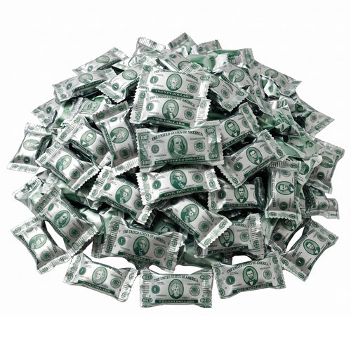 Pile of individually wrapped butter mints in dollar bill wrappers, perfect for casino night party favors, money-themed events, giveaways, candy buffets, and celebrations.