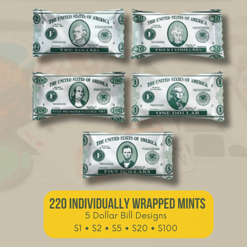 Five individually wrapped butter mints with realistic U.S. dollar bill wrappers in $1, $2, $5, $20, and $100 designs, perfect for casino night party favors, money-themed events, candy buffets, and celebrations.