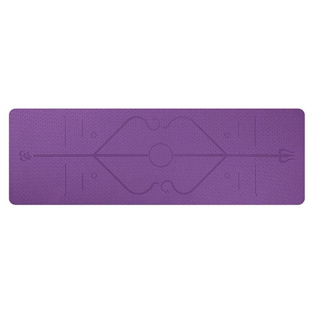 Purple yoga mat with a geometric design on a white background
