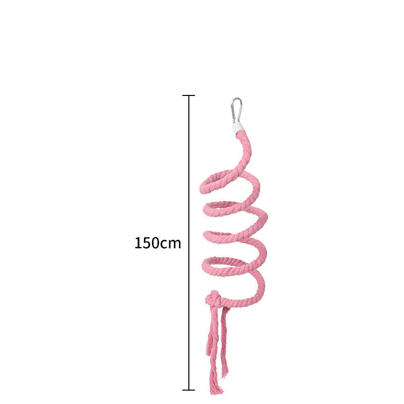 Colorful spiral rope perch for birds measuring 150 cm, featuring a soft pink cotton rope with a metal hanging hook on a white background. Ideal bendable climbing perch for parakeets, cockatiels, lovebirds, conures, and other small pet birds.
