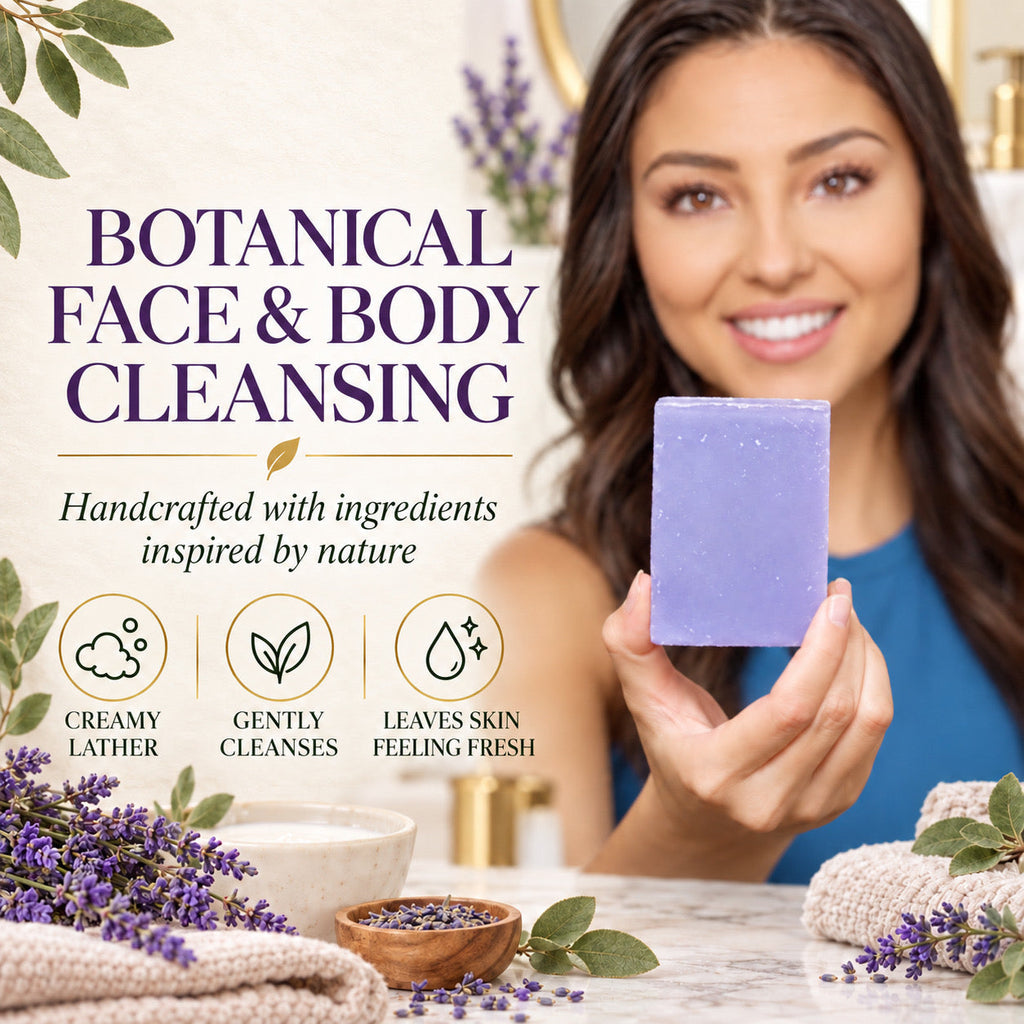 A woman holds up a lavender-colored rectangular face and body cleansing bar in a bathroom setting. The image features promotional text reading 'Botanical Face & Body Cleansing' along with icons describing the bar's creamy lather, gentle cleansing, and leaves-foaming properties.