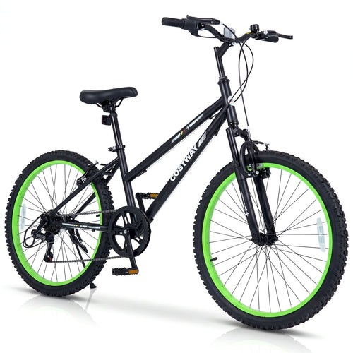 A black mountain bike with bright green rims, shown from a three-quarter front angle on a white background. The brand name 'COSTWAY' is printed on the frame.