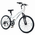 A white mountain bike with black components, including the saddle, handlebars, fork, and tires, shown on a plain white background. The brand name 'COSTWAY' is printed on the frame.