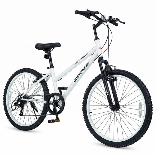 A white mountain bike with black components, including the saddle, handlebars, fork, and tires, shown on a plain white background. The brand name 'COSTWAY' is printed on the frame.