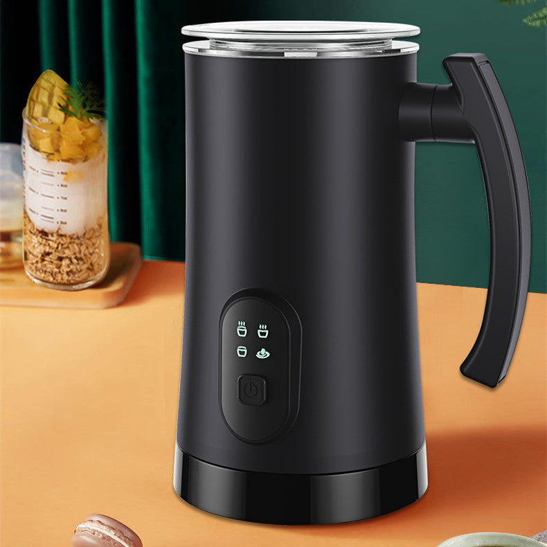 Black automatic hot and cold electric milk frother machine with ergonomic handle, digital controls and clear lid for lattes, cappuccinos and coffee.
