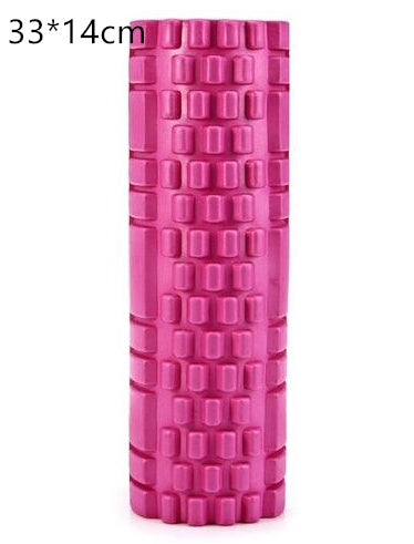 Pink foam roller with dimensions 33*14cm on a white background