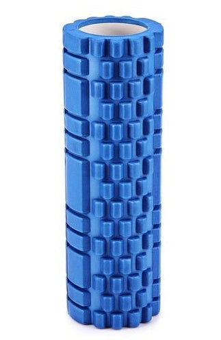 Blue foam roller with textured surface on a white background