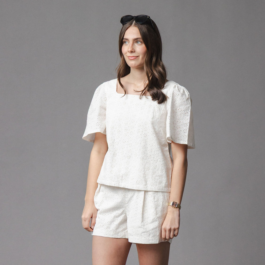 Organic Flounce Sleeve Eyelet Top