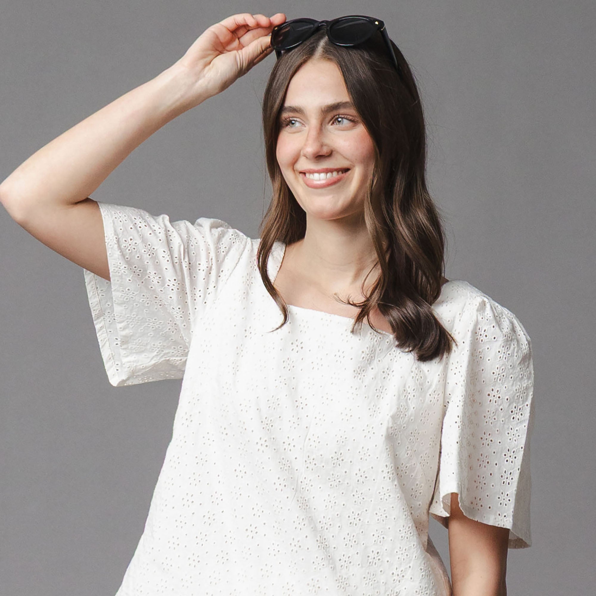Organic Flounce Sleeve Eyelet Top