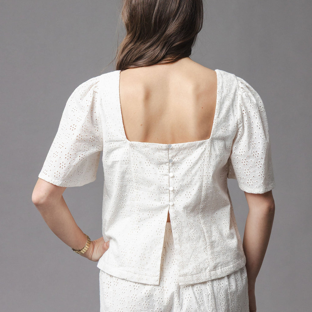 Organic Flounce Sleeve Eyelet Top