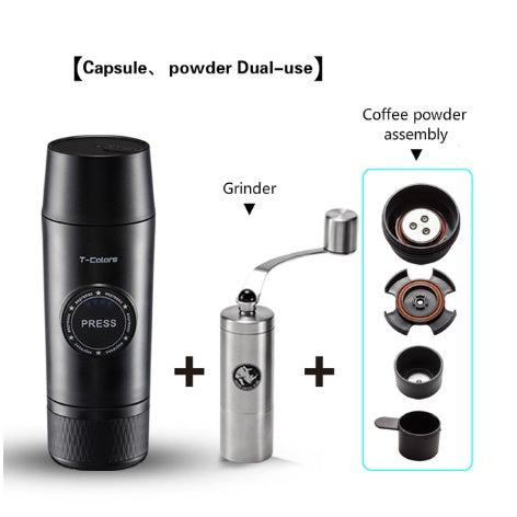 Portable mini rechargeable espresso maker with dual-use capsule and ground coffee system, manual grinder and removable coffee accessories for travel, camping, home and office espresso brewing.